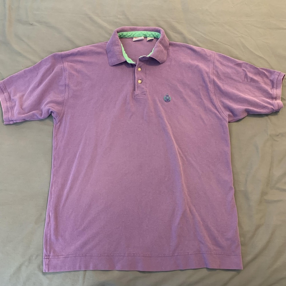 Vintage Bugle Boy Polo Shirt Mens XL Purple Green Embroidered Crest Short Sleeve